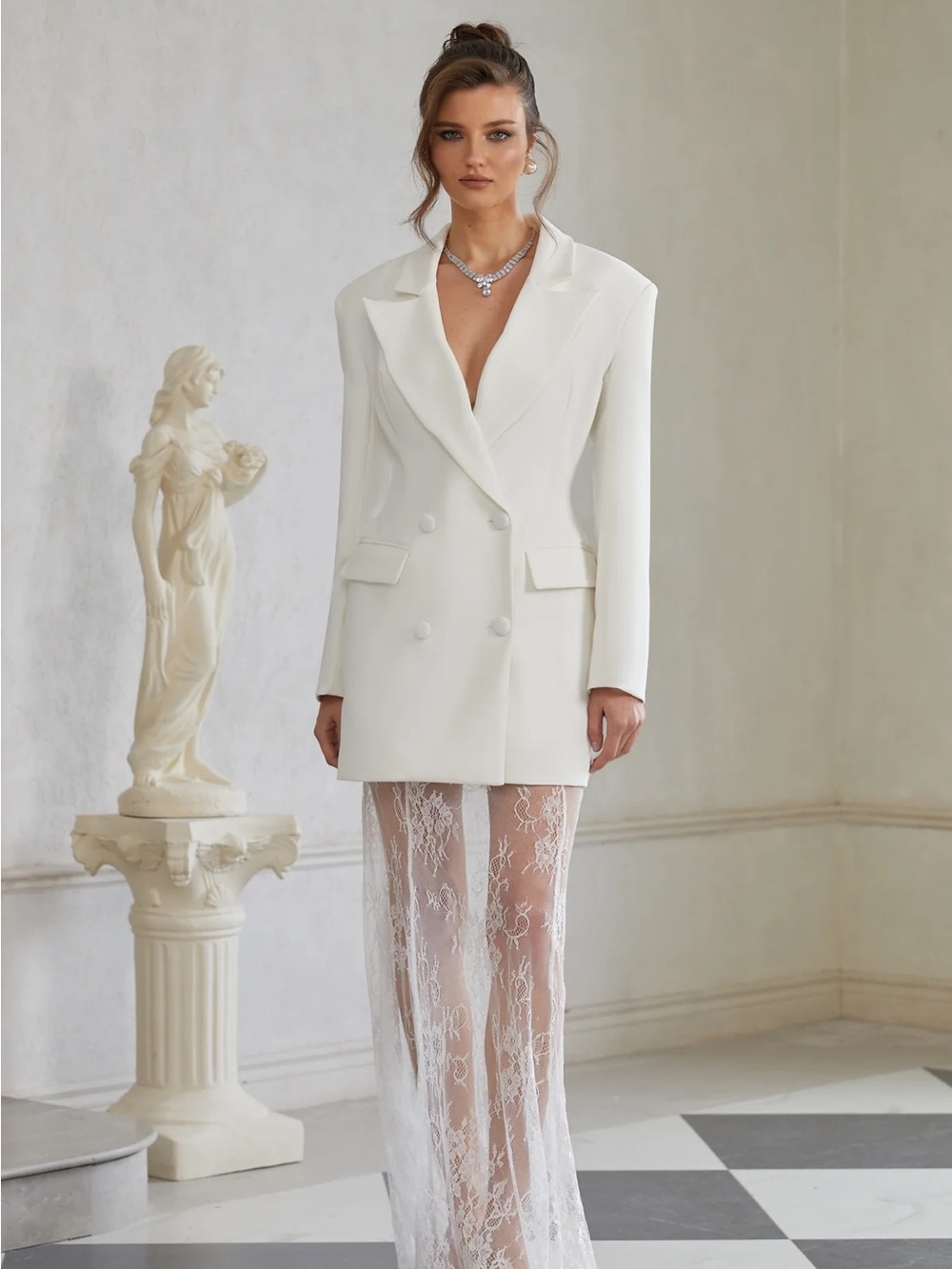 White Double-Breasted Blazer Dress with Lace Skirt